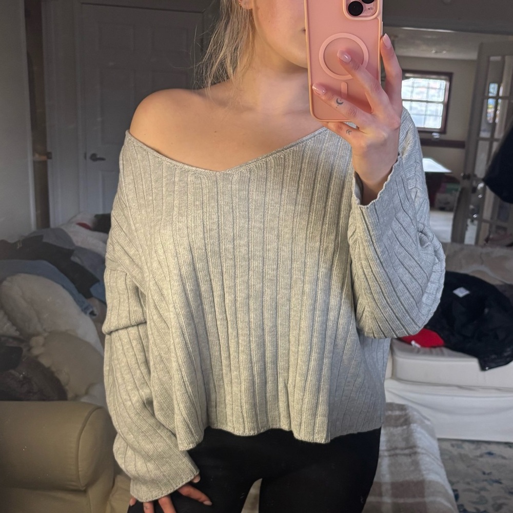 Aeropostale Off-Shoulder Light Gray Sweater